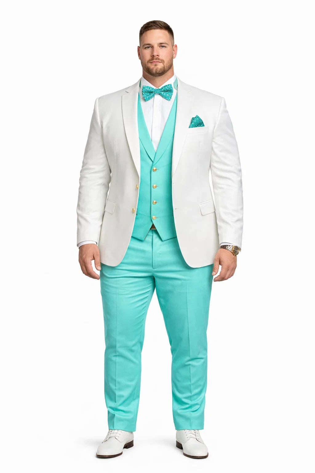 White and Turquoise Tuxedo Wedding Suit - White Dinner Jacket + Vest + Pants + Bow-tie-New Designer Collection - 34 Short or Extra Small