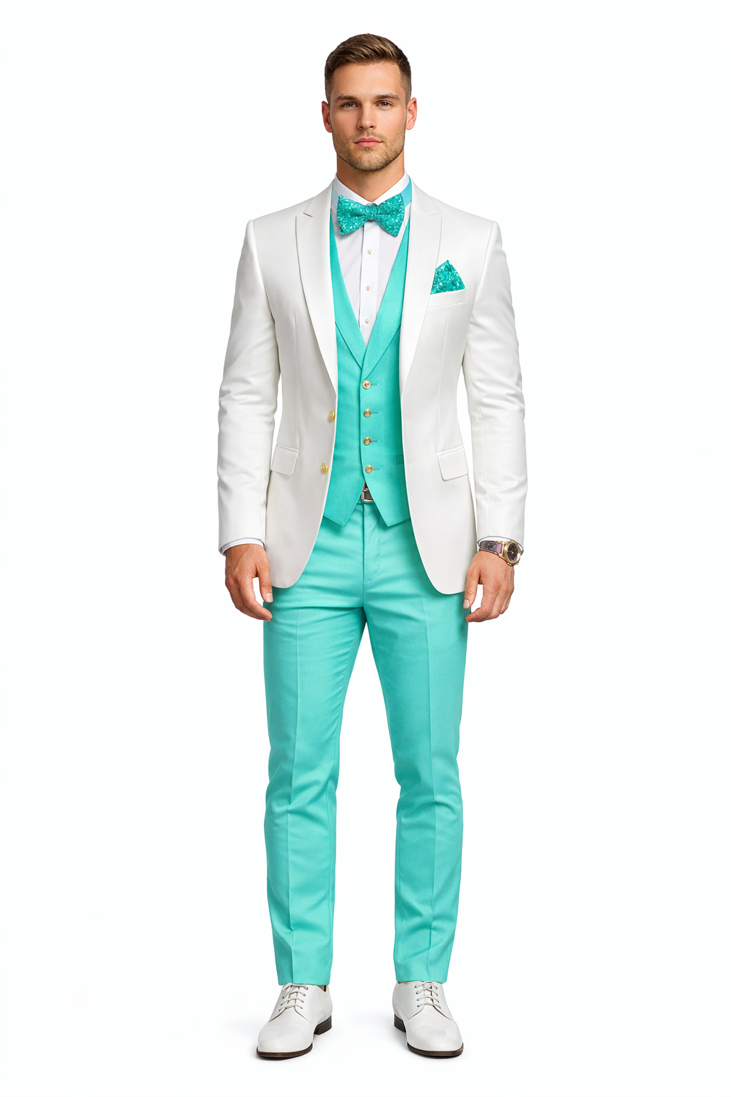 White and Turquoise Tuxedo Wedding Suit - White Dinner Jacket + Vest + Pants + Bow-tie-New Designer Collection - 34 Short or Extra Small
