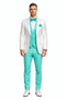White and Turquoise Tuxedo Wedding Suit - White Dinner Jacket + Vest + Pants + Bow-tie-New Designer Collection