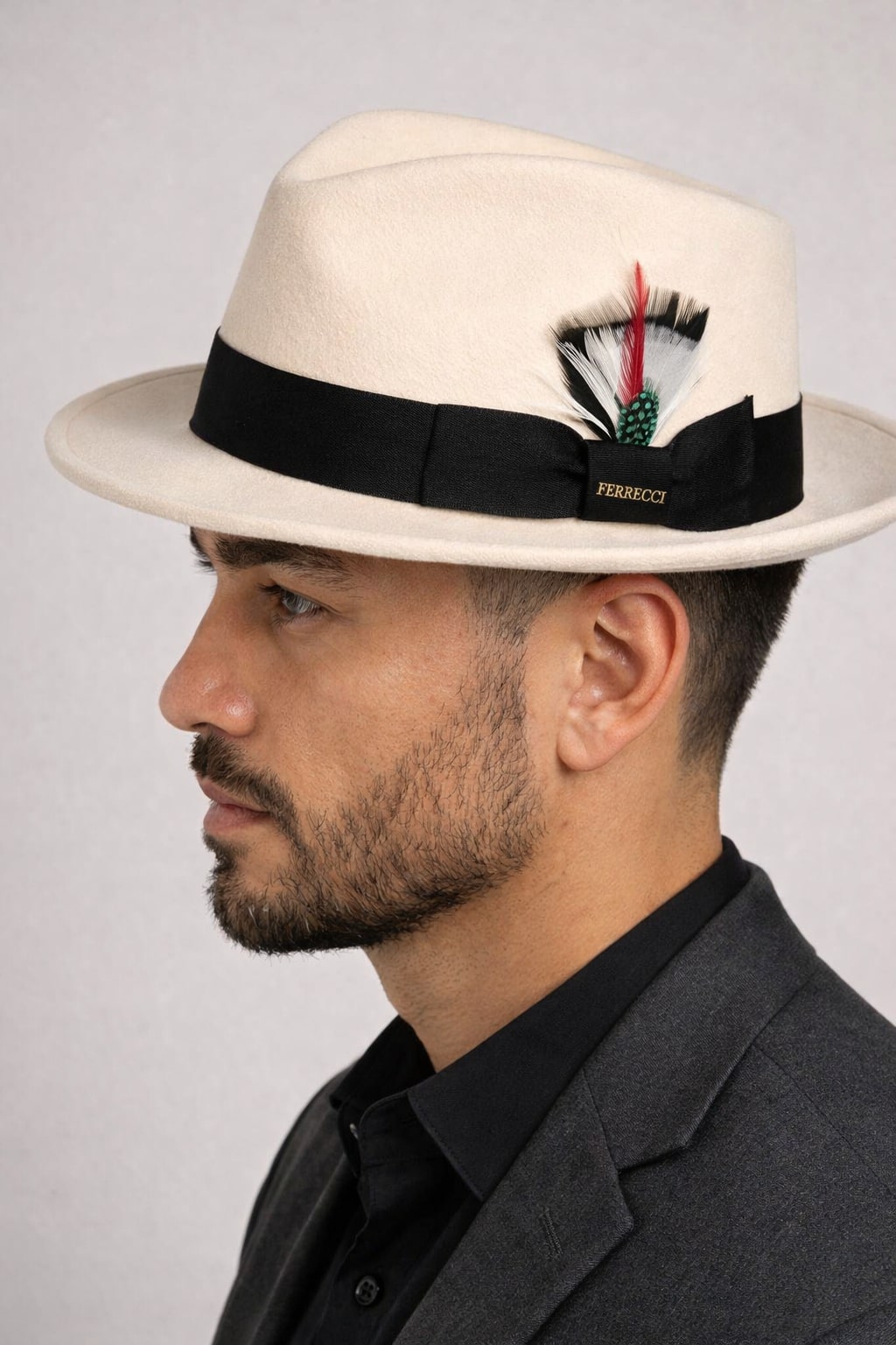 Gangster 100% Austrailian Wool Crushable Mens Fedora Hat - Removable Feather Gangster White/Black Mens Fedora Hat - Small