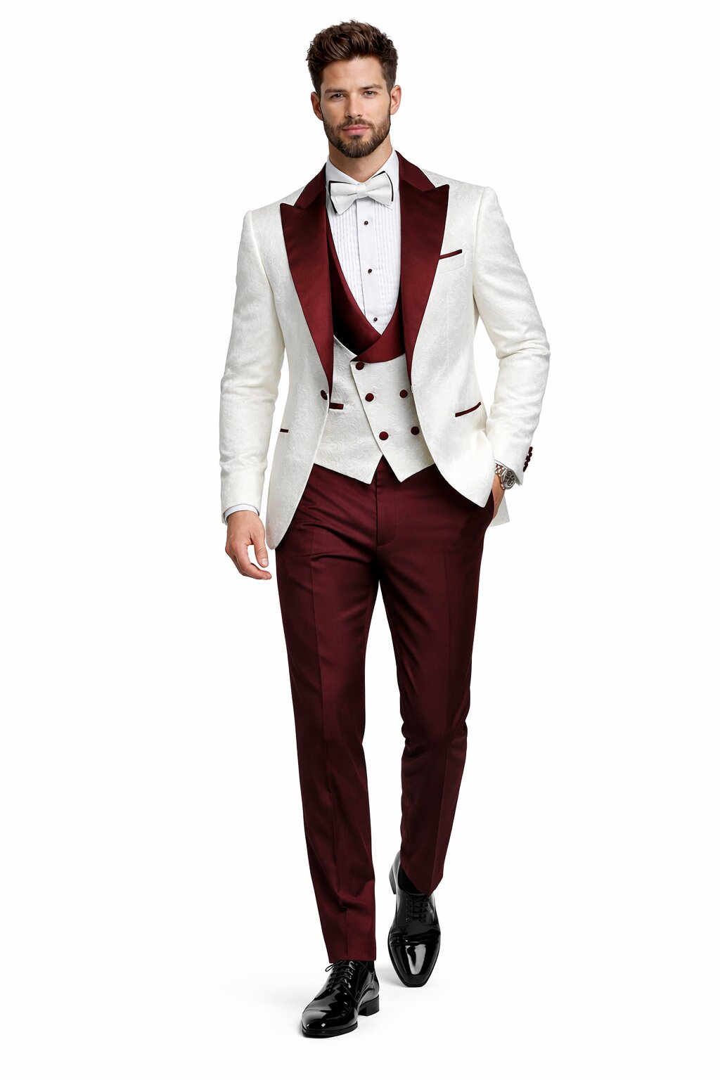 Men's Designer Vested Contrast Peak Lapel Wool Wedding & Prom Tuxedo in White Paisley & Burgundy
