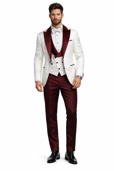 Men's Designer Vested Contrast Peak Lapel Wool Wedding & Prom Tuxedo in White Paisley & Burgundy