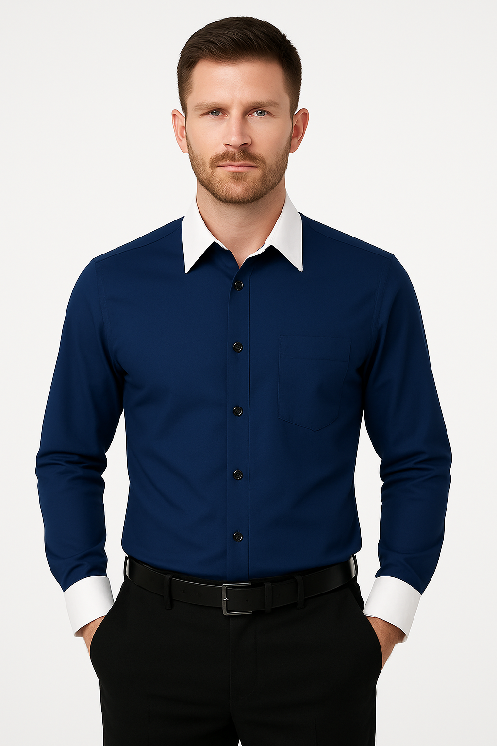 Classic Stylish Fashionable -White Collar Two Toned Contrast white collars Multi-color Men's Dress Shirt - Medium 15.5" Neck / 34-35" Sleeve