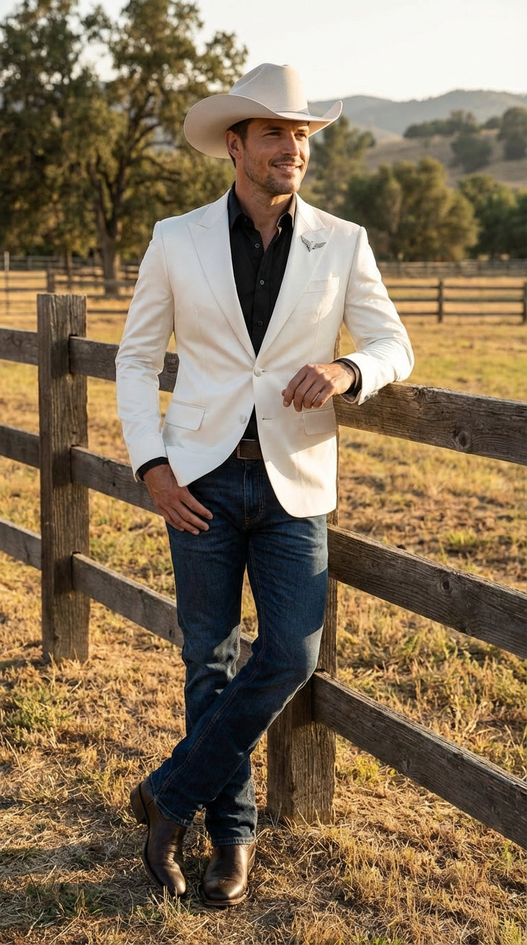 Menâ€™s Shiny White Cowboy Blazer â€“ Western Style Satin Finish Blazer for Party, Country Events and Evening Wear - 38 Short Jacket+32 Waist Adjustable 28to34)(Height: 5 4 to5 7 )(Neck  15-16.5)S-M)