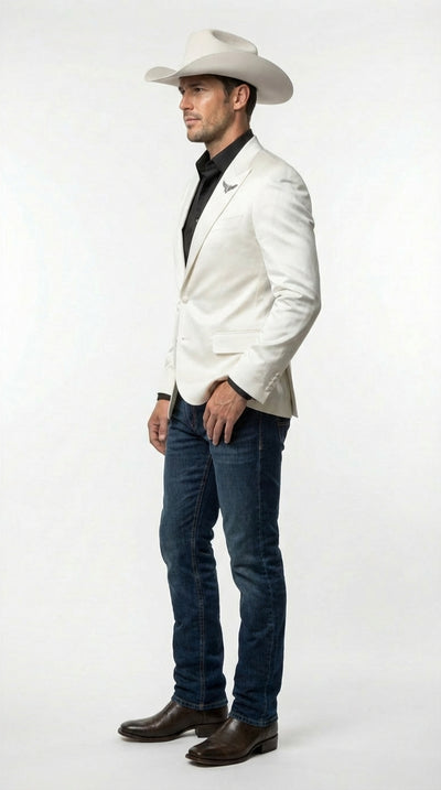 Mens Shiny White Cowboy Blazer Western Style Satin Finish Blazer for Party, Country Events and Evening Wear
