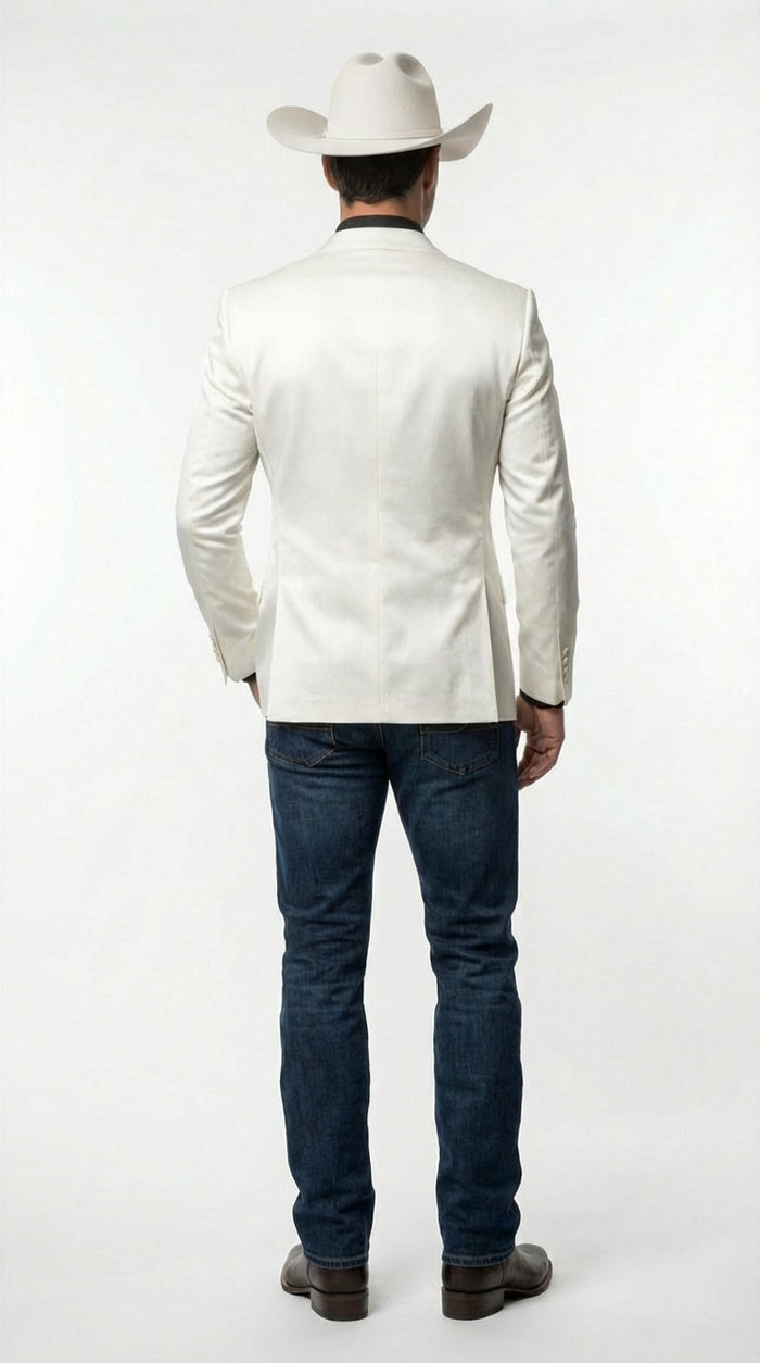 Mens Shiny White Cowboy Blazer Western Style Satin Finish Blazer for Party, Country Events and Evening Wear