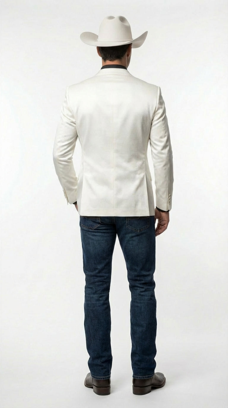 Mens Shiny White Cowboy Blazer Western Style Satin Finish Blazer for Party, Country Events and Evening Wear