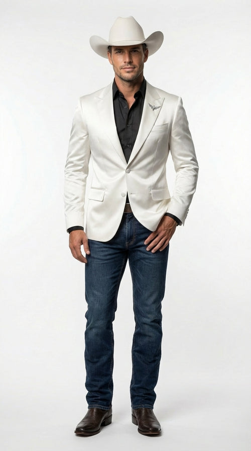 Mens Shiny White Cowboy Blazer Western Style Satin Finish Blazer for Party, Country Events and Evening Wear