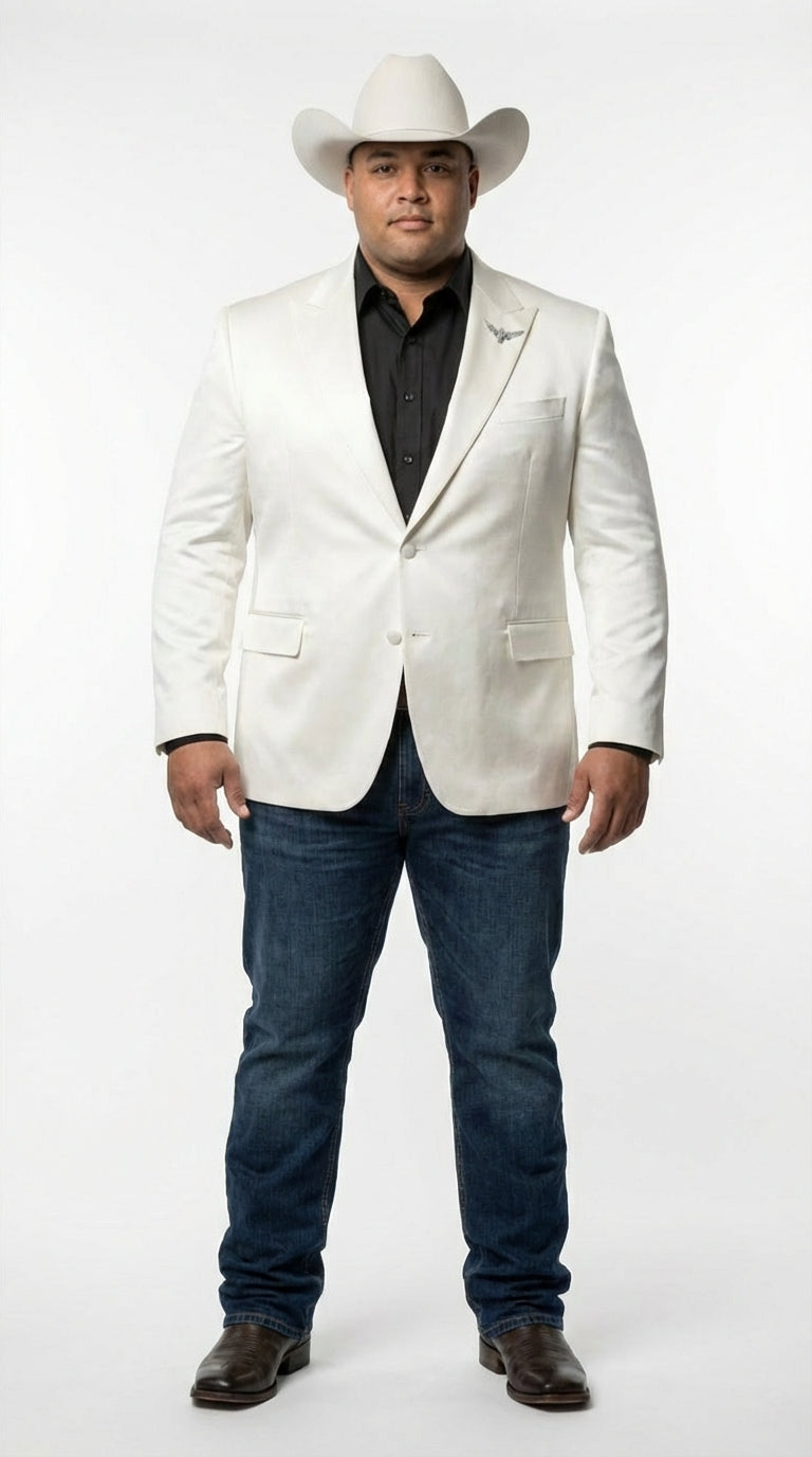 Mens Shiny White Cowboy Blazer Western Style Satin Finish Blazer for Party, Country Events and Evening Wear
