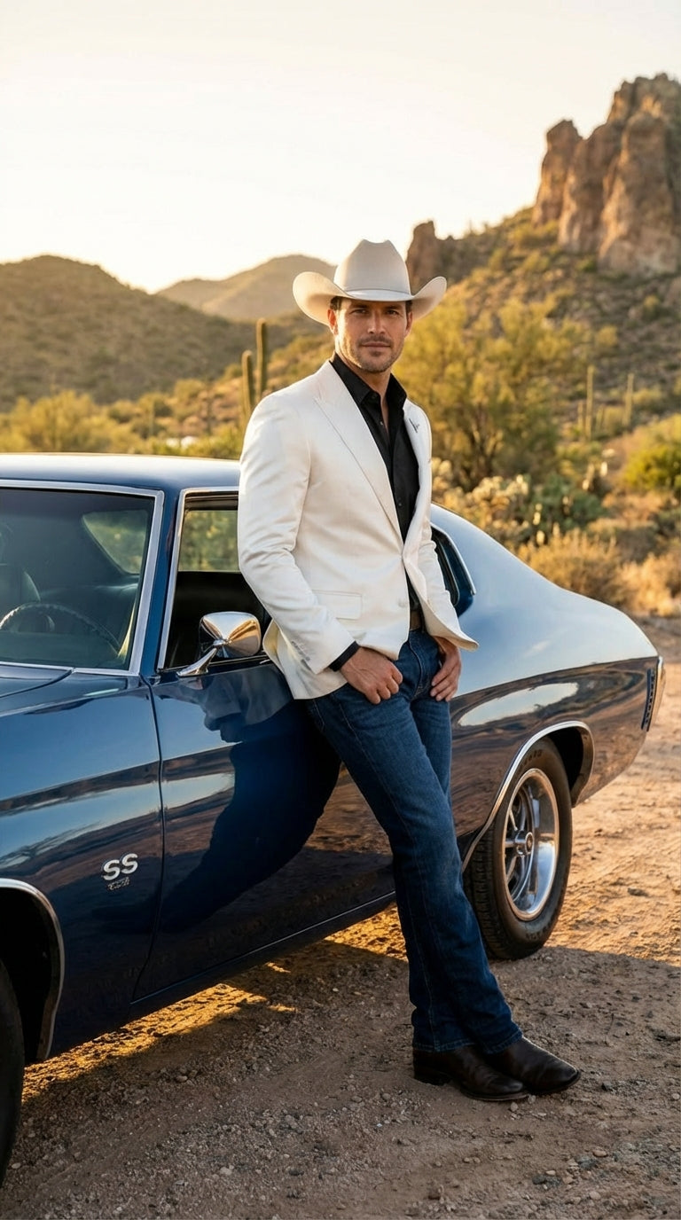 Menâ€™s Shiny White Cowboy Blazer â€“ Western Style Satin Finish Blazer for Party, Country Events and Evening Wear - 38 Short Jacket+32 Waist Adjustable 28to34)(Height: 5 4 to5 7 )(Neck  15-16.5)S-M)