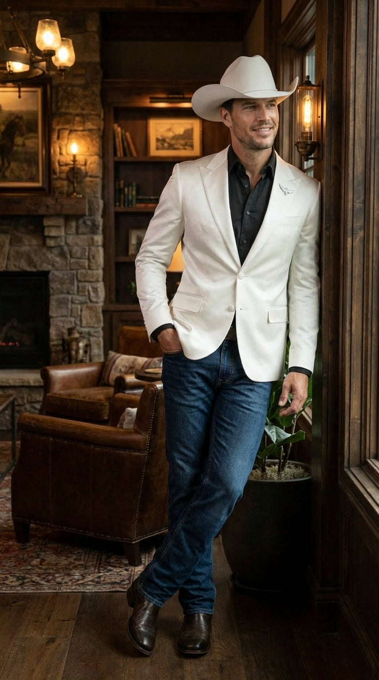 Menâ€™s Shiny White Cowboy Blazer â€“ Western Style Satin Finish Blazer for Party, Country Events and Evening Wear - 38 Short Jacket+32 Waist Adjustable 28to34)(Height: 5 4 to5 7 )(Neck  15-16.5)S-M)