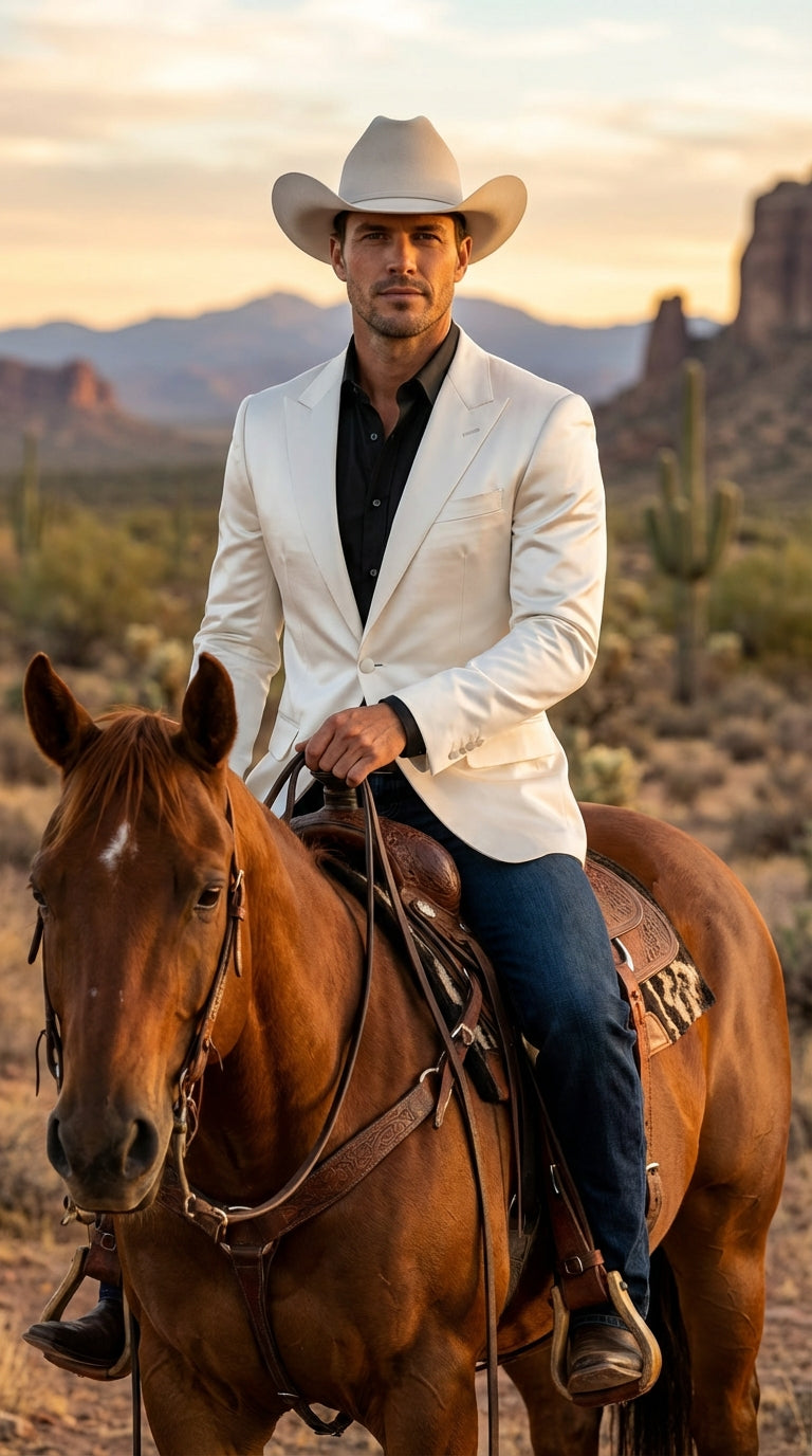 Menâ€™s Shiny White Cowboy Blazer â€“ Western Style Satin Finish Blazer for Party, Country Events and Evening Wear - 38 Short Jacket+32 Waist Adjustable 28to34)(Height: 5 4 to5 7 )(Neck  15-16.5)S-M)