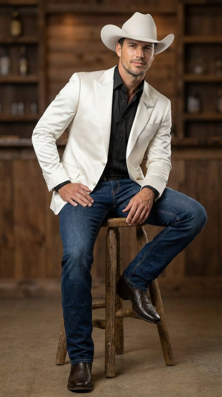 Menâ€™s Shiny White Cowboy Blazer â€“ Western Style Satin Finish Blazer for Party, Country Events and Evening Wear - 38 Short Jacket+32 Waist Adjustable 28to34)(Height: 5 4 to5 7 )(Neck  15-16.5)S-M)