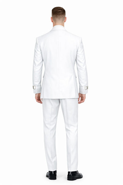 Mens White Double Breasted Wool Suit with Designer Tailored Formal Set Metal Buckle Closure