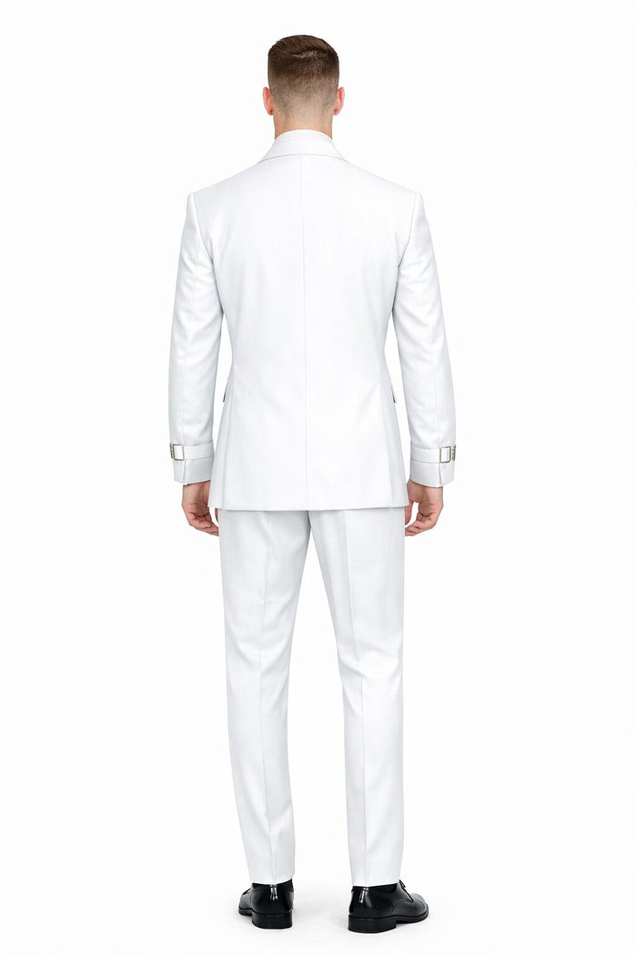 Mens White Double Breasted Wool Suit with Designer Tailored Formal Set Metal Buckle Closure