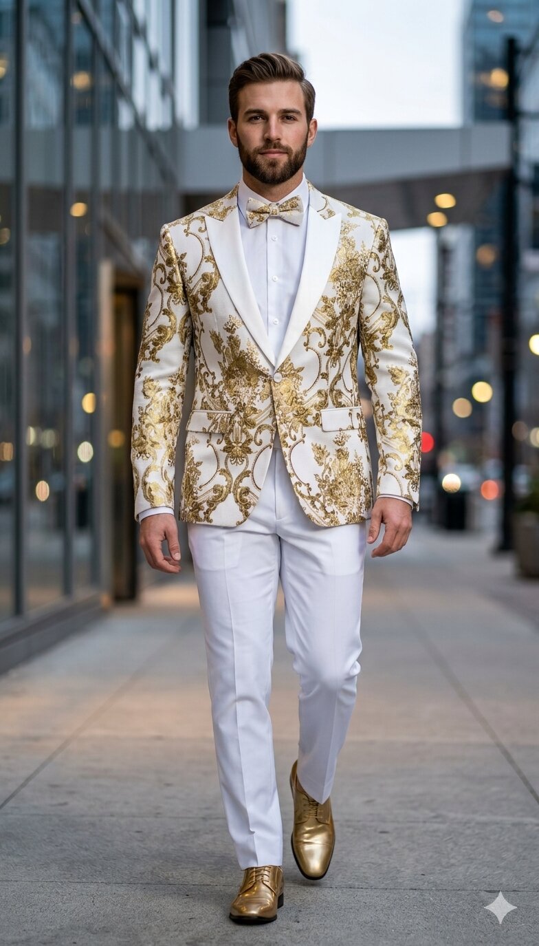 Mens White and Gold Floral Tuxedo Jacket with Satin Lapel Luxury Prom, Wedding, and Formal Dinner Blazer