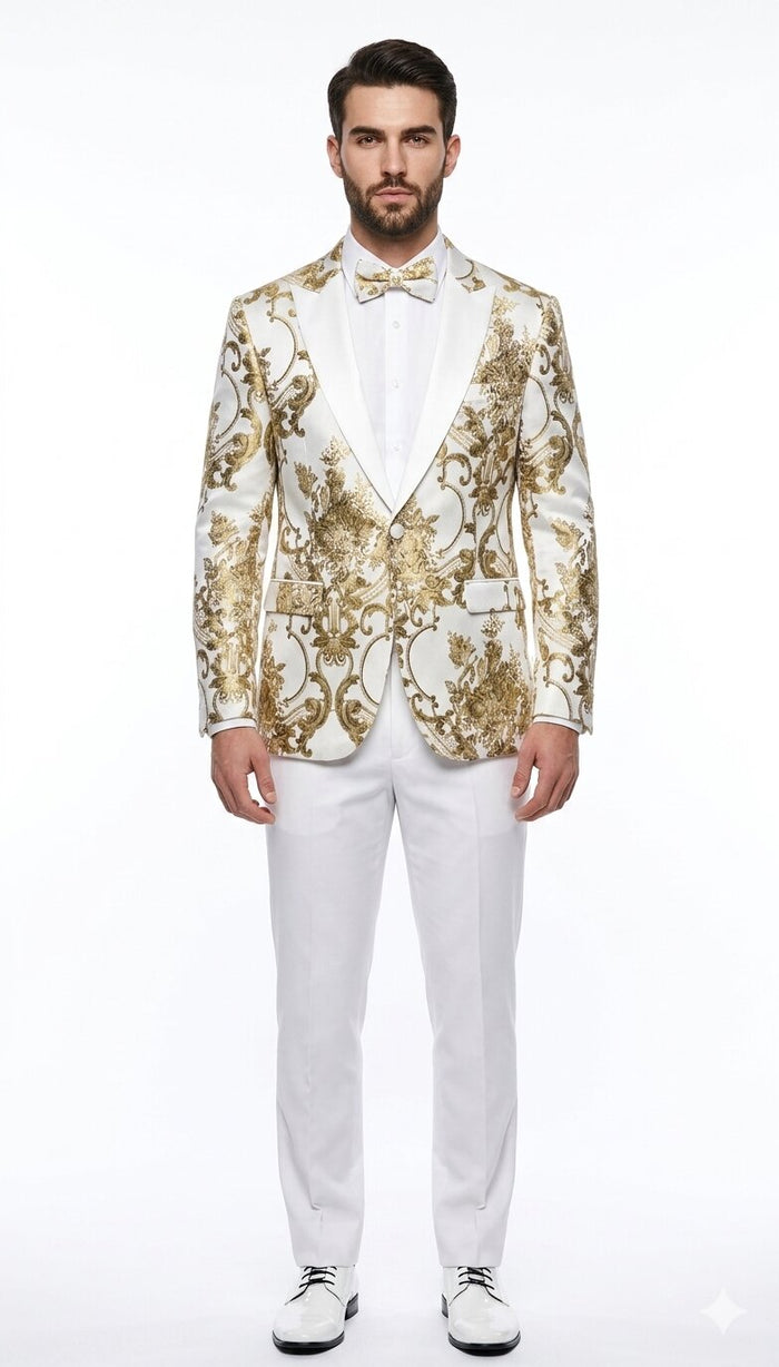 Mens White and Gold Floral Tuxedo Jacket with Satin Lapel Luxury Prom, Wedding, and Formal Dinner Blazer