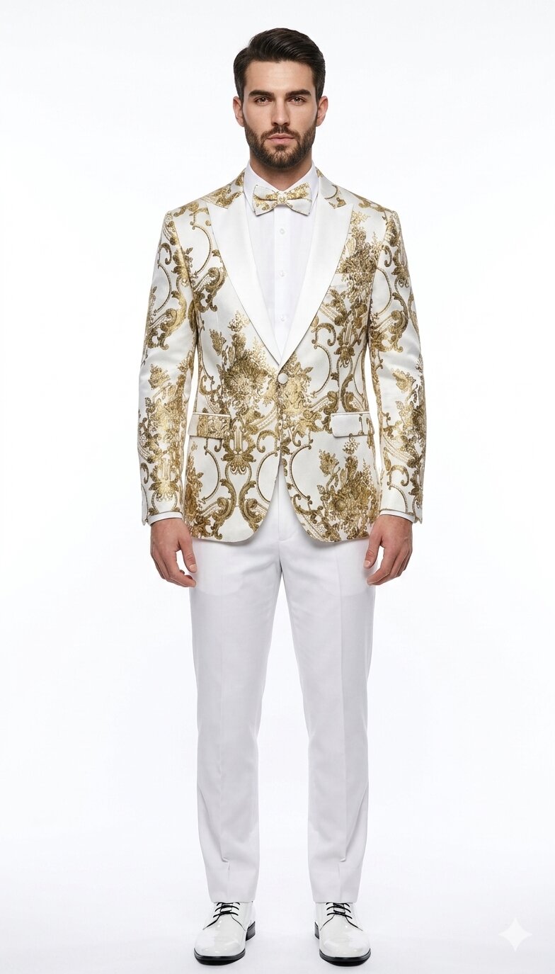 Mens White and Gold Floral Tuxedo Jacket with Satin Lapel Luxury Prom, Wedding, and Formal Dinner Blazer