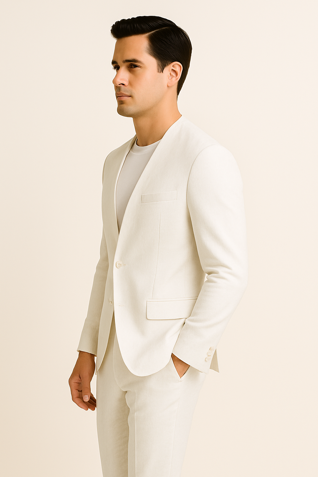 White Linen Suit For Summer - Collarless Blazer and Pants Collarless Lapel - No Lapel Casual! - 34 Short or Extra Small