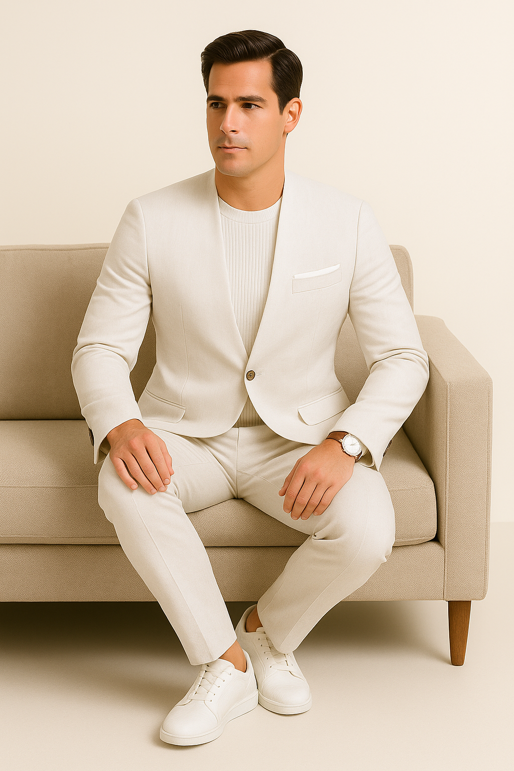 White Linen Suit For Summer - Collarless Blazer and Pants Collarless Lapel - No Lapel Casual! - 34 Short or Extra Small