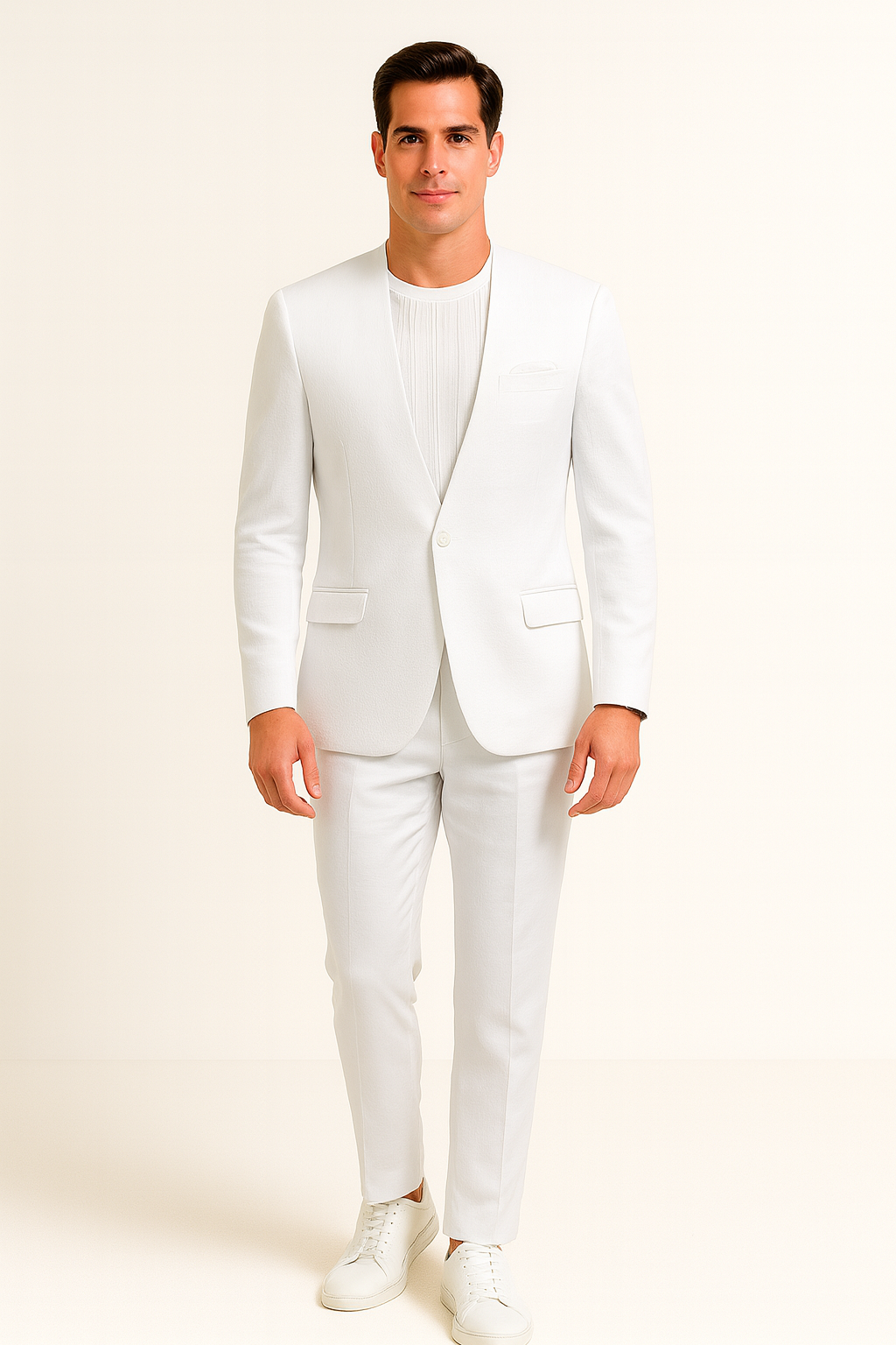 White Linen Suit For Summer - Collarless Blazer and Pants Collarless Lapel - No Lapel Casual! - 34 Short or Extra Small
