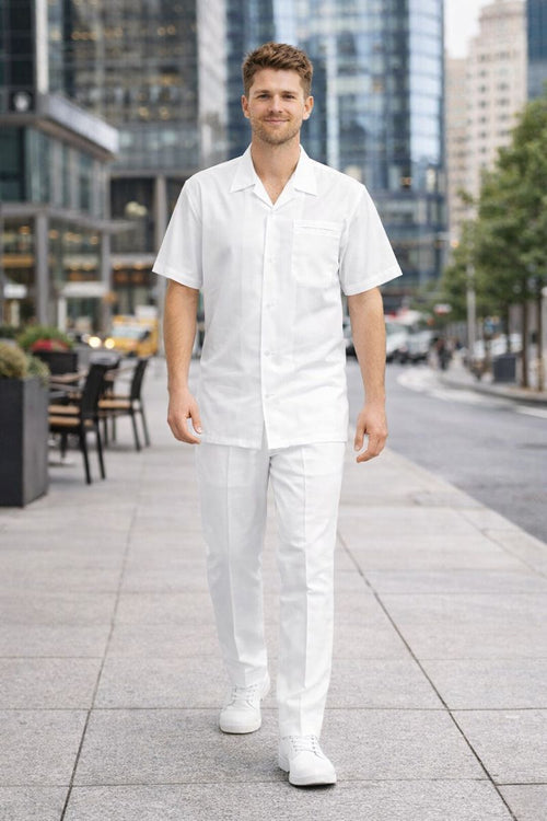 White Mens Walking Suit Men's Short Sleeve Two Piece Two Piece Mens Walking Outfit Pant Sets Suit All White Outfits For Men Short or Long Pants Leisure Casual Suit For Sale-New Designer Collection