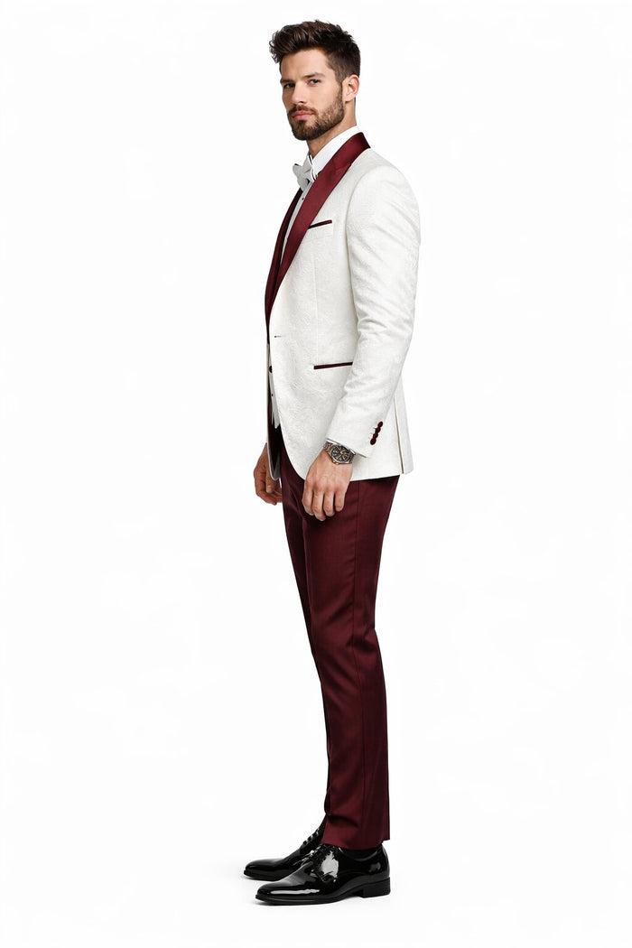 Men's Designer Vested Contrast Peak Lapel Wool Wedding & Prom Tuxedo in White Paisley & Burgundy