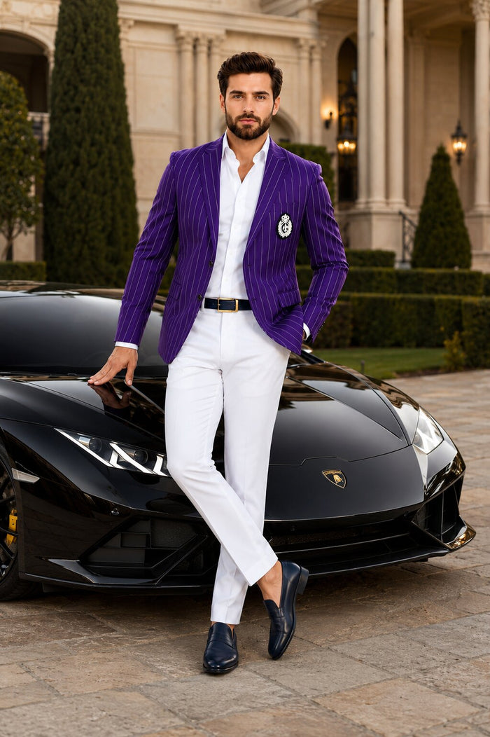 Purple Pinstripe Blazer With White Pants - Suit - Party Blazer - New Arrival