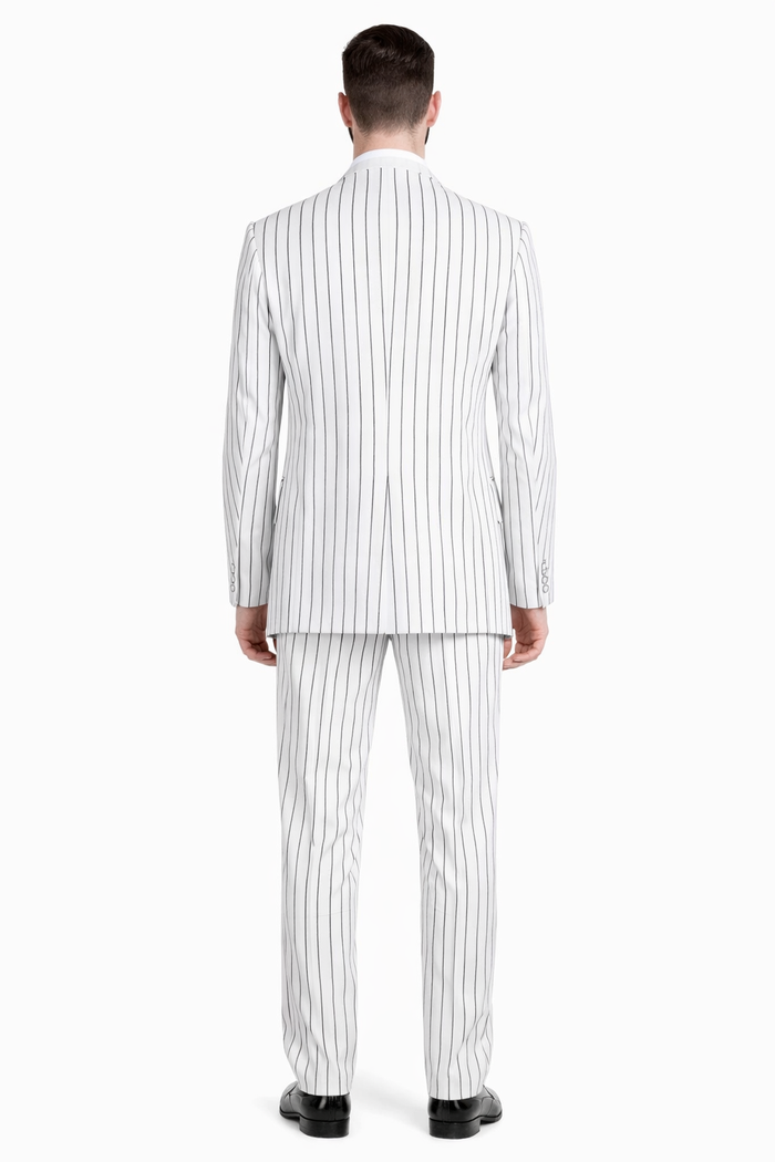 Cheap Priced Suit  - Mens 3 Button Vested Barbershop Quartet Suin In White With Black Turquoise Pinstripes