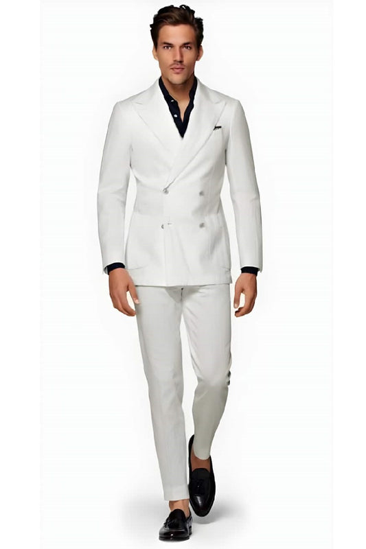 Mens Big and Tall Linen Suits - White Double Breasted Summer Fabric Suit