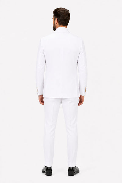 Men's White Statement Ticket Pocket Peak Lapel Wool Double Breasted Vest Suit with Gold Buttons – Modern Fit