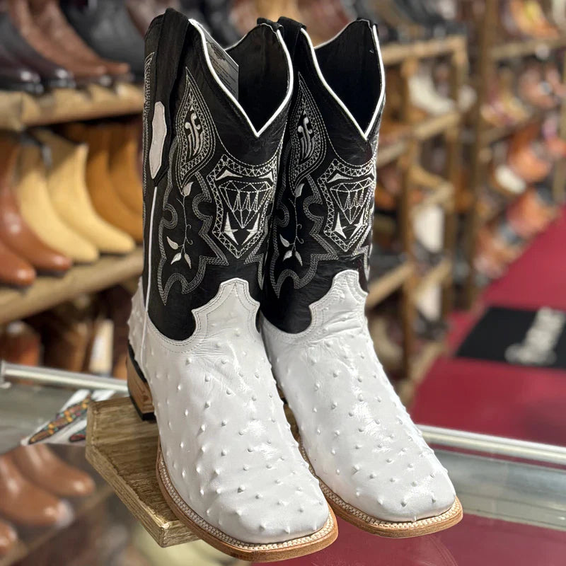 Mens White Diamond Boot White Boots Ostrich Print Square Toe - 6