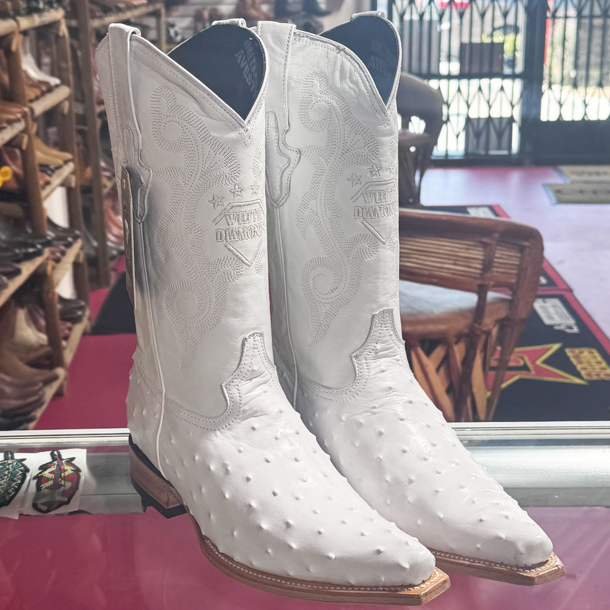 Mens White Diamond Boot White Ostrich Print Western Boots Pointy Toe Pointed Toe - 6