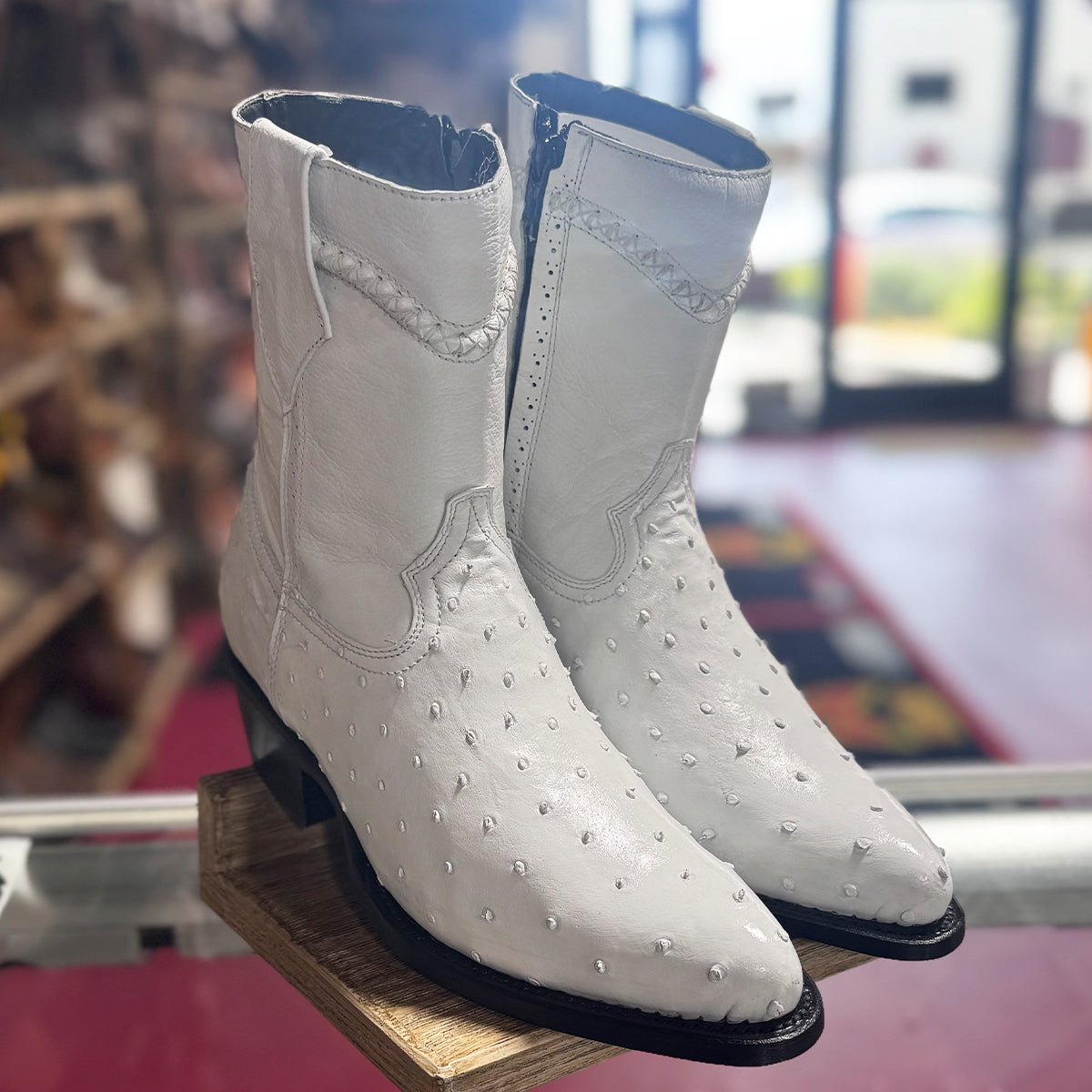 Mens White Diamond Boot White Ostrich Boots Low Ankle J-Toe - 6