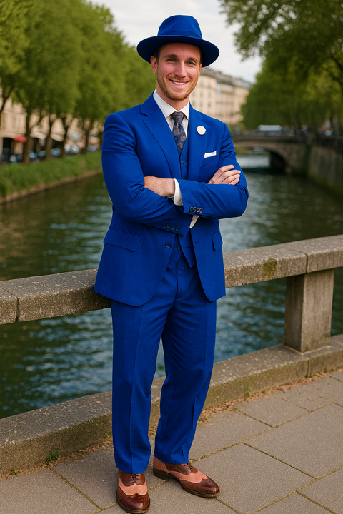 Wide Leg Pleated Pants Pants - 100% Wool Suit - Double Breasted Vest Peak Lapel - Classic Fit Suit - Vested Suit - Royal - New Arrival