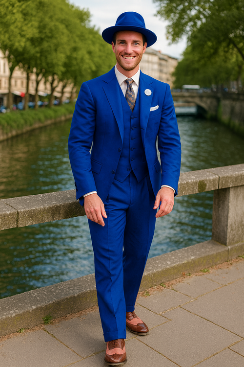 Wide Leg Pleated Pants Pants - 100% Wool Suit - Double Breasted Vest Peak Lapel - Classic Fit Suit - Vested Suit - Royal - New Arrival