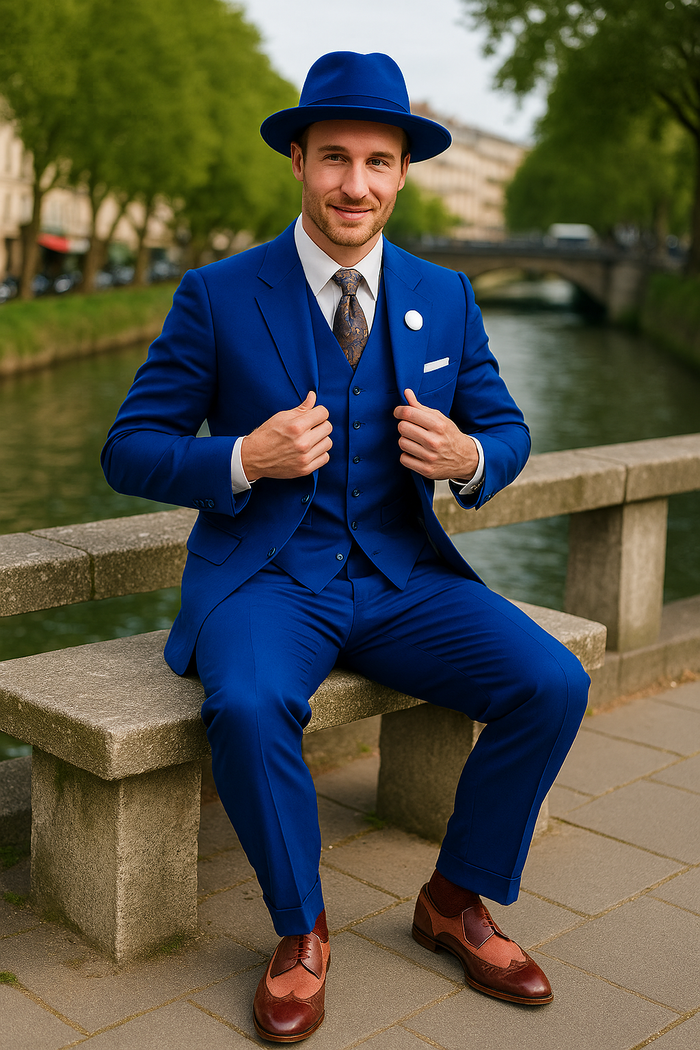Wide Leg Pleated Pants Pants - 100% Wool Suit - Double Breasted Vest Peak Lapel - Classic Fit Suit - Vested Suit - Royal - New Arrival
