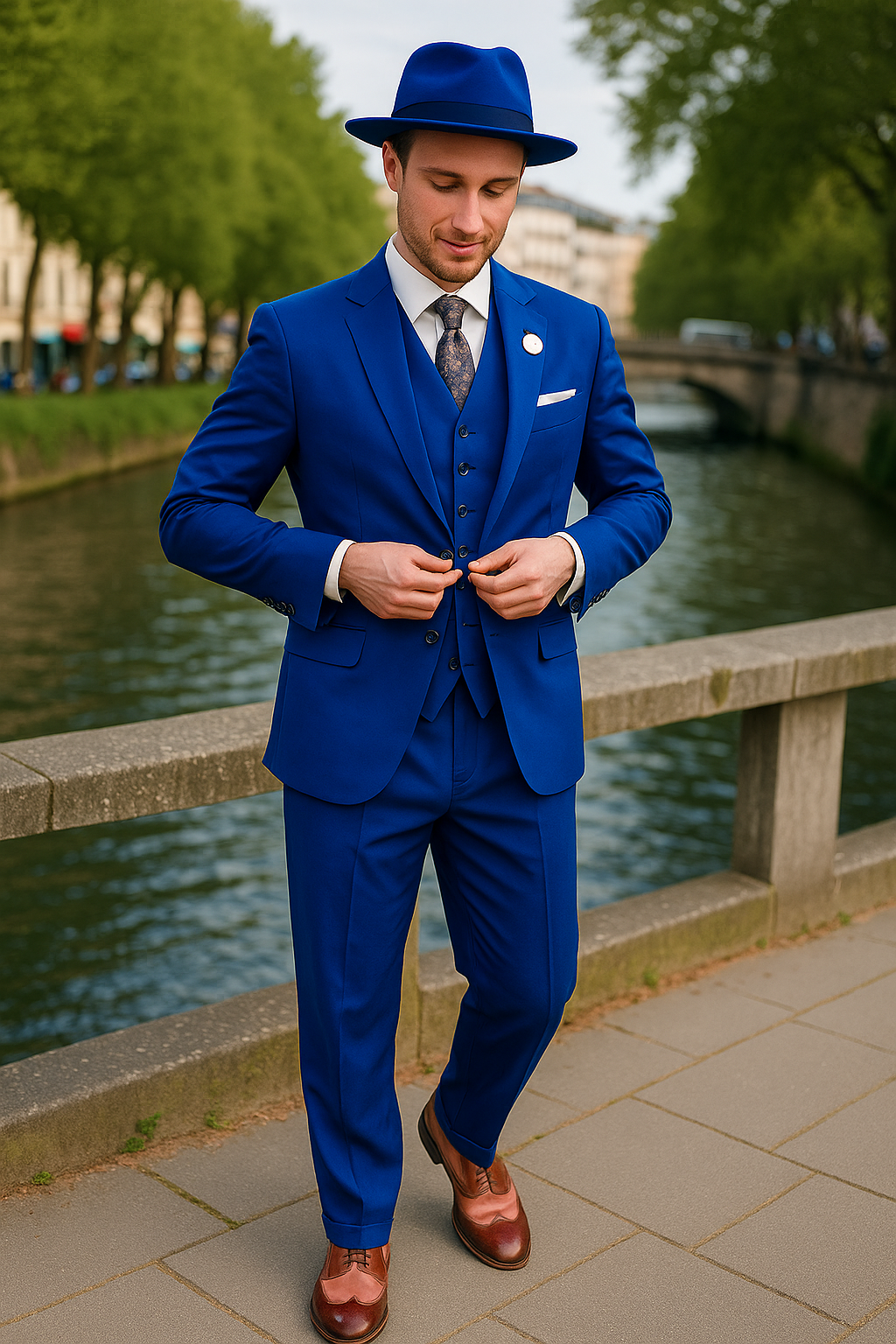 Wide Leg Pleated Pants Pants - 100% Wool Suit - Double Breasted Vest Peak Lapel - Classic Fit Suit - Vested Suit - Royal - New Arrival - 38 Short Jacket+32 Waist Adjustable 28to34)(Height: 5 4 to5 7 )(Neck  15-16.5)S-M)
