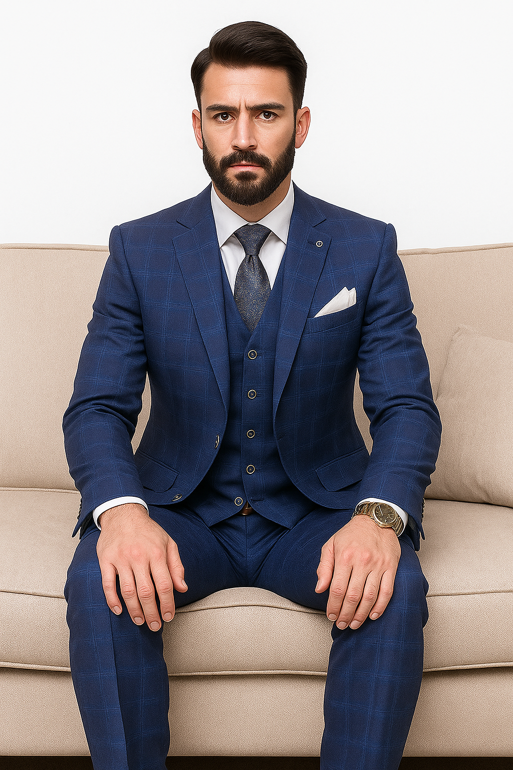 Windowpane Texture Business Pattern Modern Fit Side Vented Men's 3-Piece Wool Suit - Modern Fit Plaid - 34 Short or Extra Small