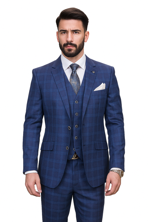 Windowpane Texture Business Pattern Modern Fit Side Vented Men's 3-Piece Wool Suit - Modern Fit Plaid