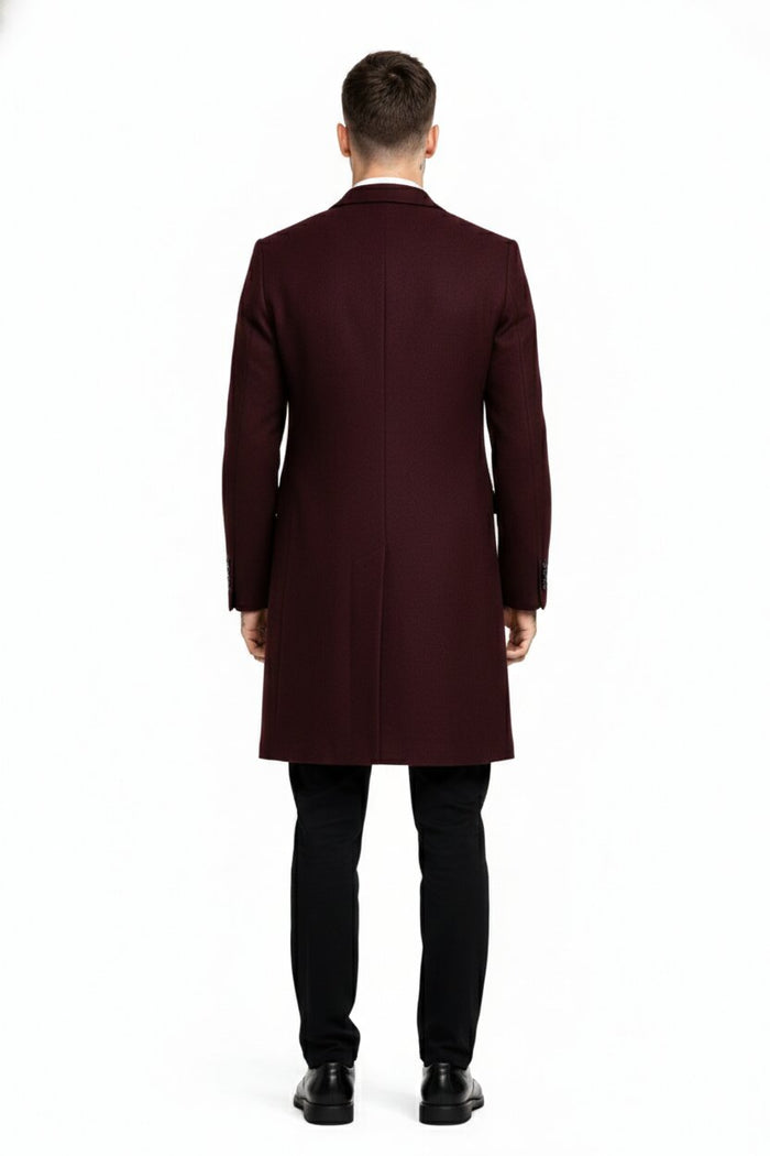 Mens Notch Lapel Wool Burgundy Wine Car Coat