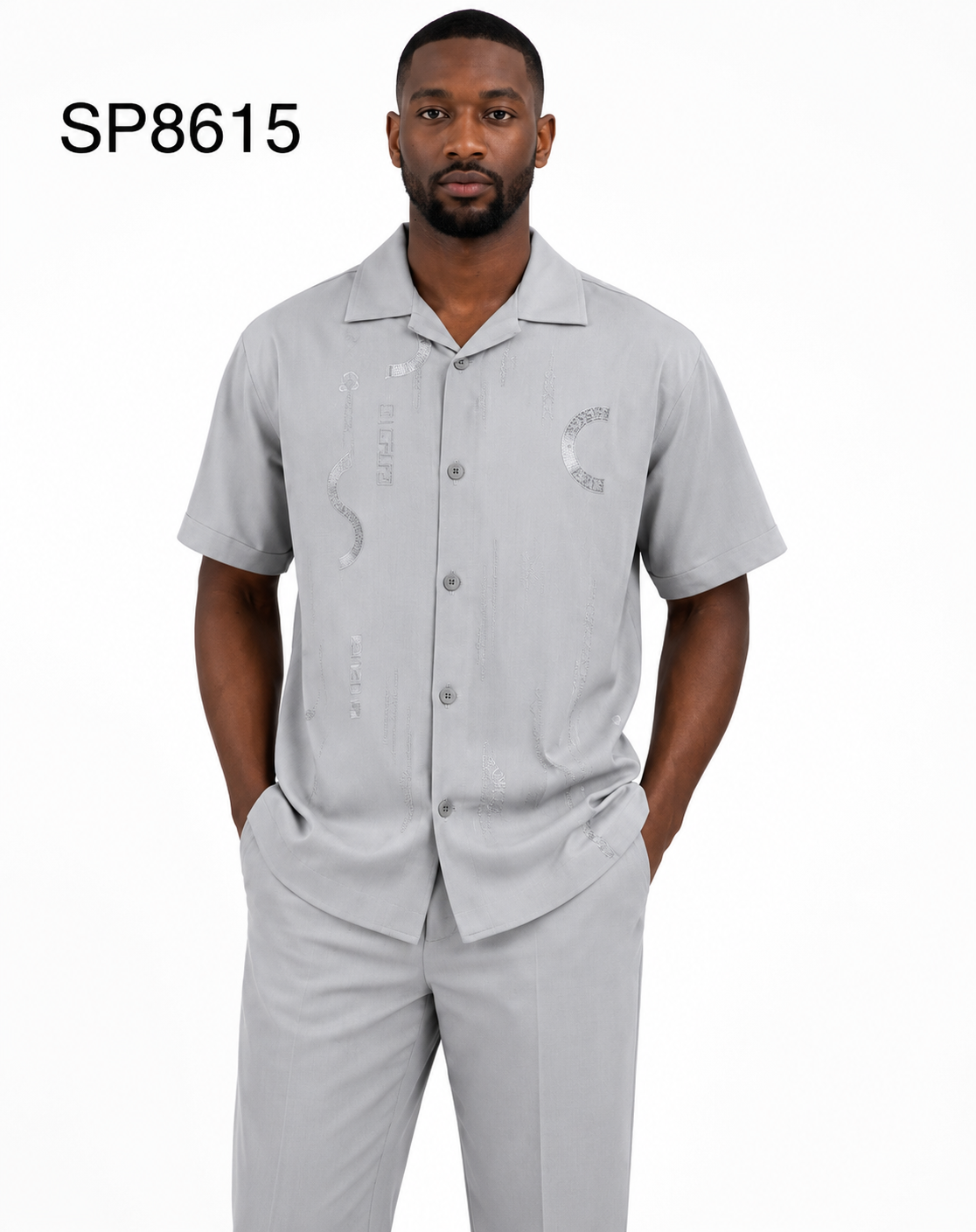 Men’s Light Gray Embroidered Walking Suit Set – 2 Piece Short Sleeve Casual Outfit - S