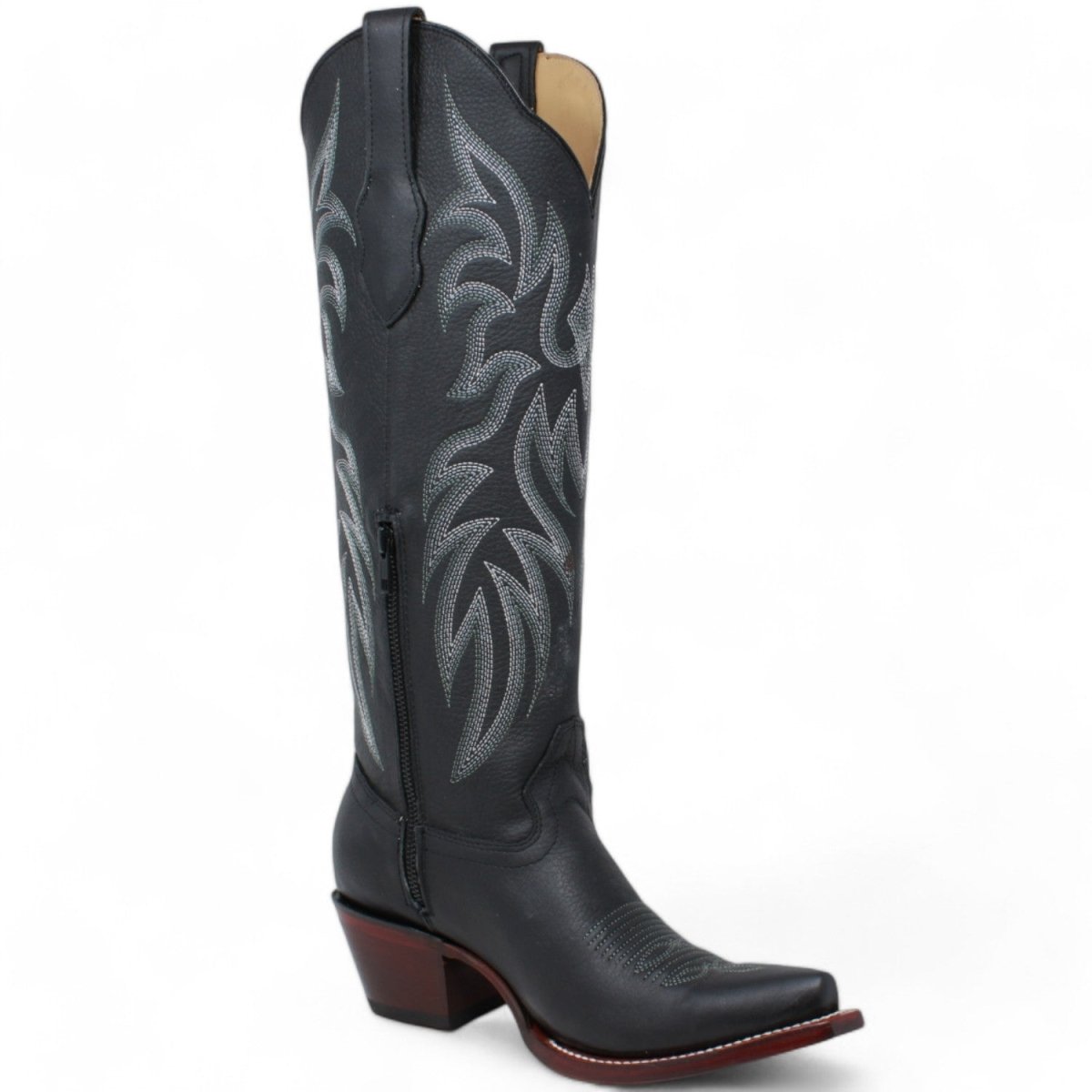 Women's Wild West Snip Toe Leather Boots with Zipper - Black - 5