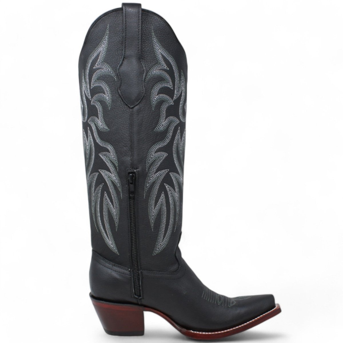 Women's Wild West Snip Toe Leather Boots with Zipper - Black - 5