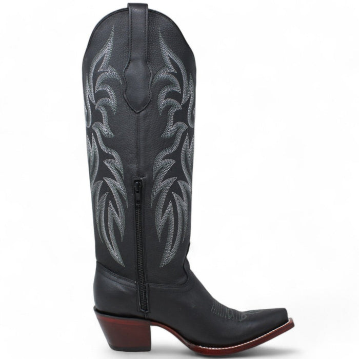 Women's Wild West Snip Toe Leather Boots with Zipper - Black