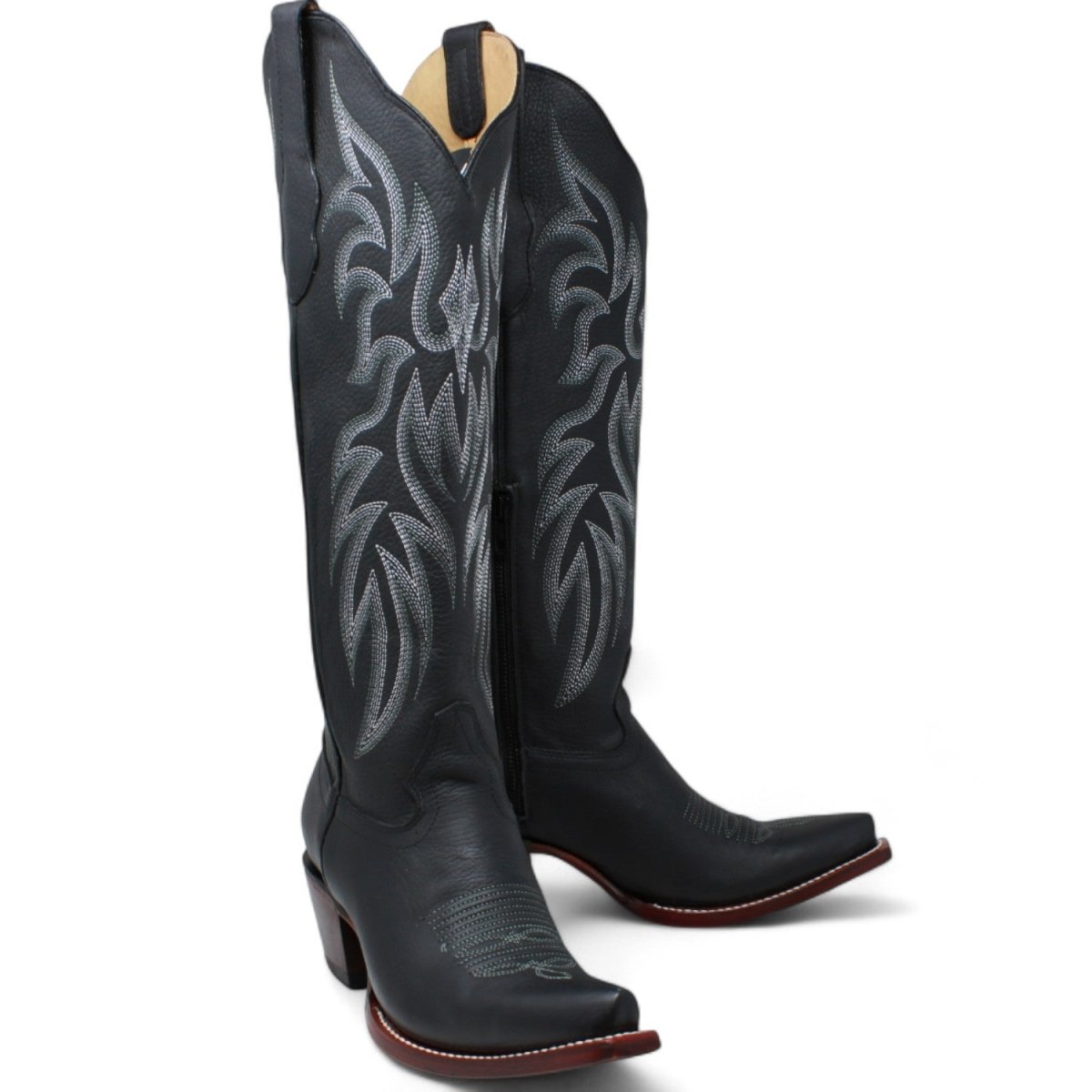 Women's Wild West Snip Toe Leather Boots with Zipper - Black - 5