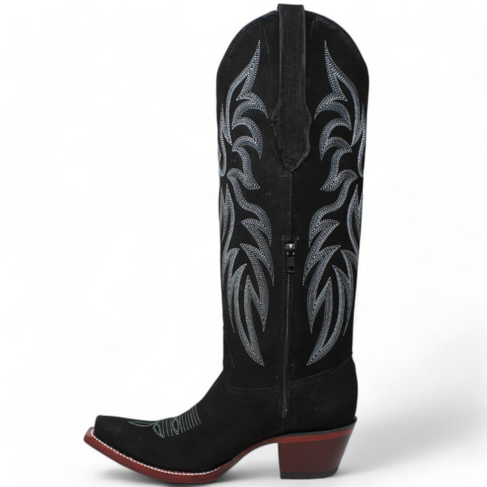 Women's Wild West Snip Toe Suede Leather Boots with Zipper - Black