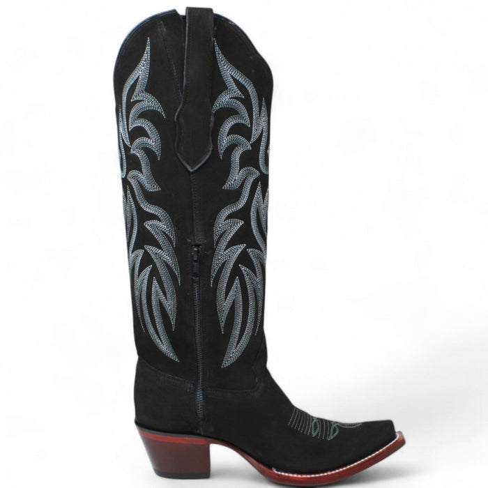 Women's Wild West Snip Toe Suede Leather Boots with Zipper - Black