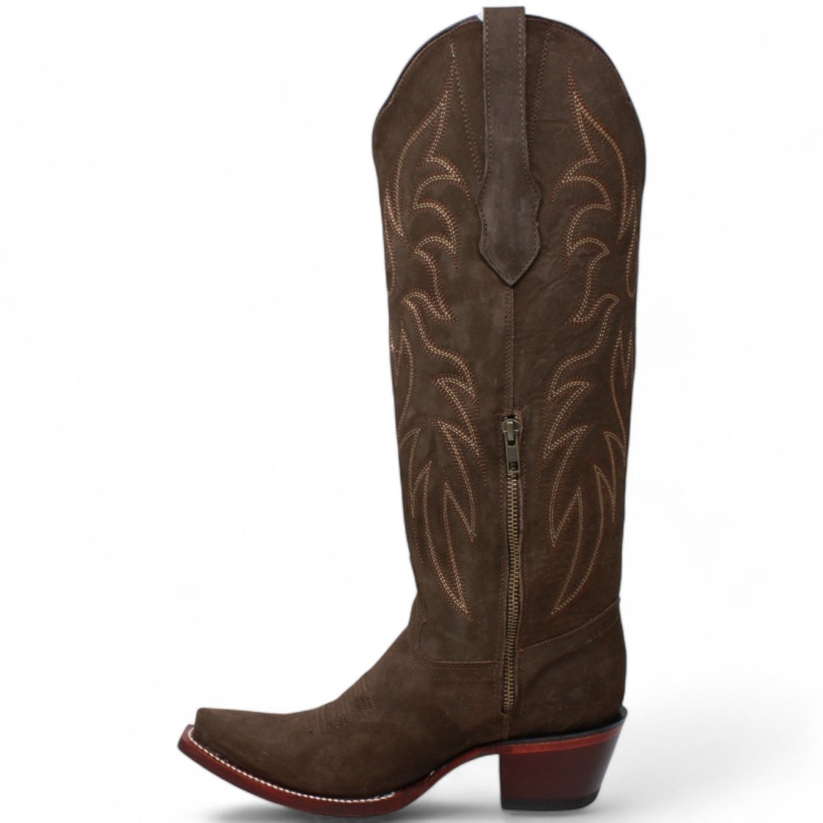 Women's Wild West Snip Toe Suede Leather Boots with Zipper - Chocolate - 5