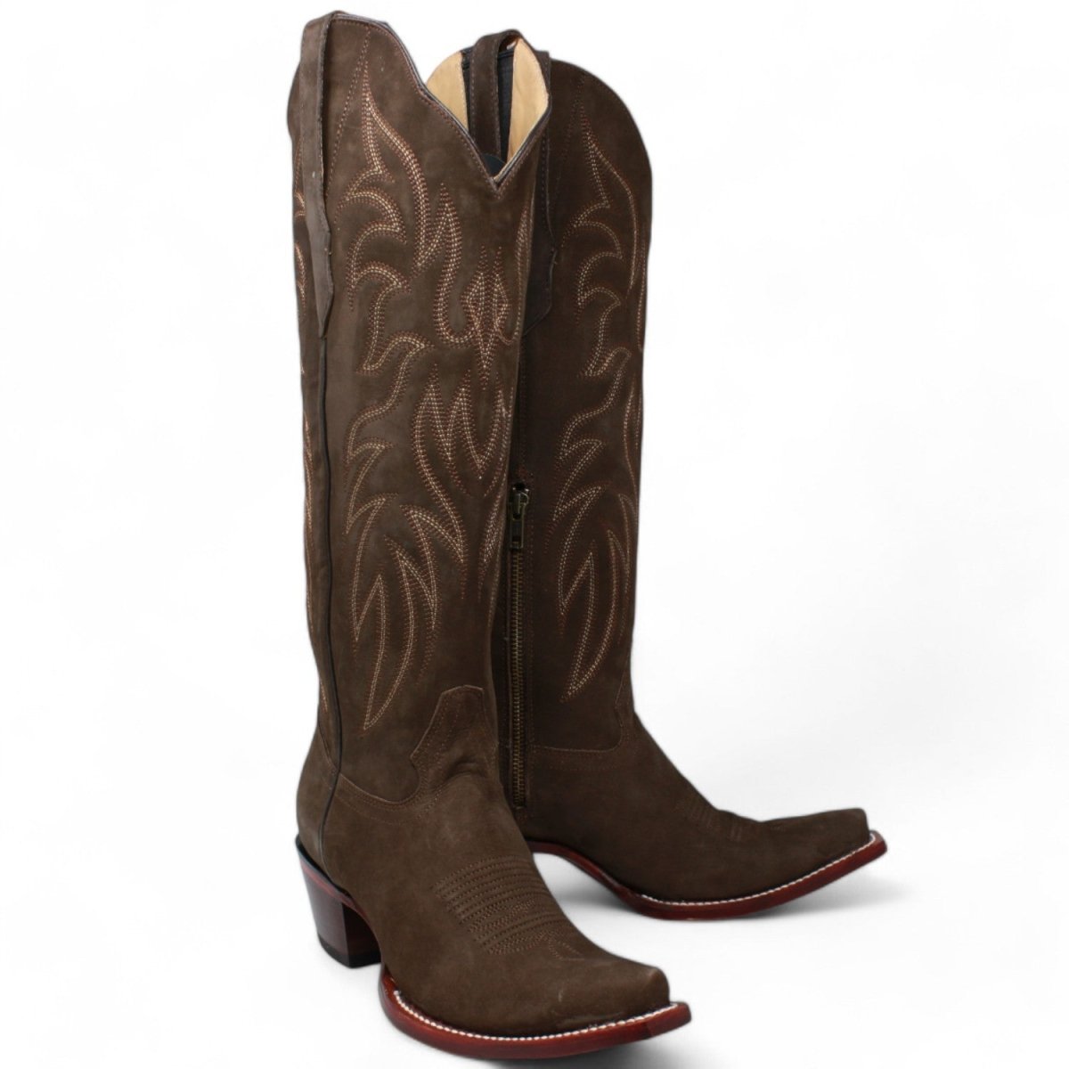 Women's Wild West Snip Toe Suede Leather Boots with Zipper - Chocolate - 5